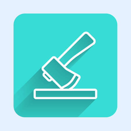 White line Wooden axe icon isolated with long shadow. Lumberjack axe. Green square button. Vector Illustrationのイラスト素材