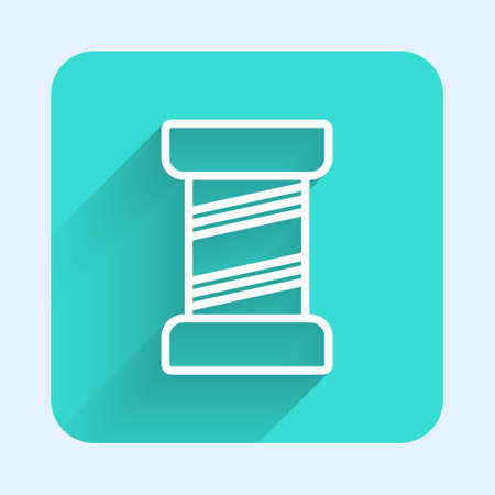 White line Sewing thread on spool icon isolated with long shadow. Yarn spool. Thread bobbin. Green square button. Vector Illustrationのイラスト素材
