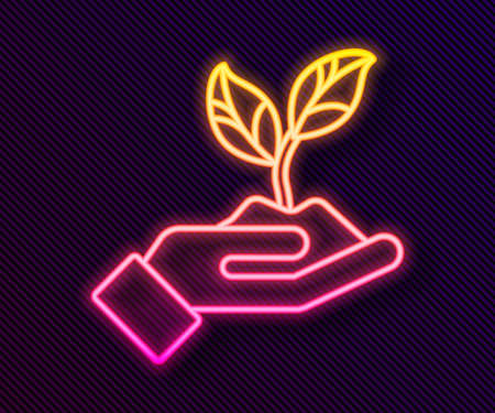 Glowing neon line Plant in hand of environmental protection icon isolated on black background. Seed and seedling. Planting sapling. Vector Illustrationのイラスト素材