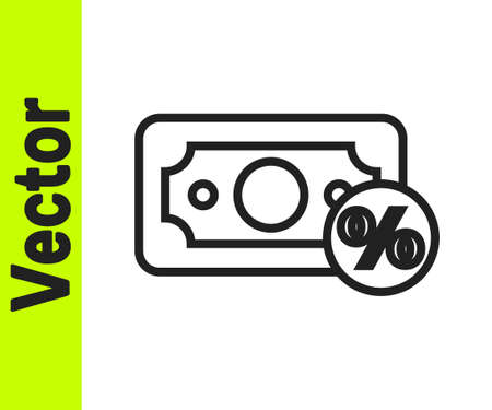 Black line Money percent icon isolated on white background. Percent loyalty wallet sign. Vector Illustrationのイラスト素材