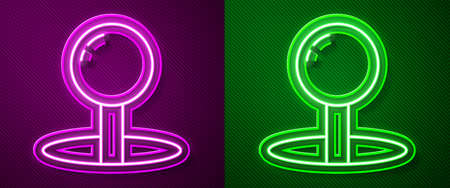 Glowing neon line Push pin icon isolated on purple and green background. Thumbtacks sign. Vector Illustrationのイラスト素材