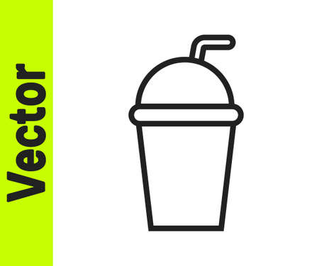 Black line Paper glass with drinking straw and water icon isolated on white background. Soda drink glass. Fresh cold beverage symbol. Vector Illustrationのイラスト素材