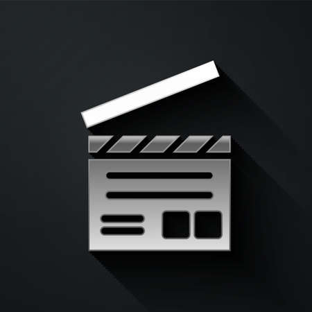 Silver Movie clapper icon isolated on black background. Film clapper board. Clapperboard sign. Cinema production or media industry. Long shadow style. Vector Illustrationのイラスト素材