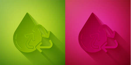 Paper cut Recycle clean aqua icon isolated on green and pink background. Drop of water with sign recycling. Paper art style. Vector Illustrationのイラスト素材