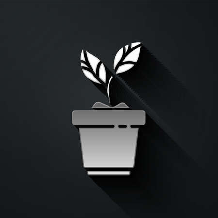 Silver Plant in pot icon isolated on black background. Plant growing in a pot. Potted plant sign. Long shadow style. Vector Illustrationのイラスト素材