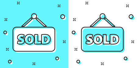 Black line Hanging sign with text Sold icon isolated on green and white background. Sold sticker. Sold signboard. Random dynamic shapes. Vector Illustrationのイラスト素材