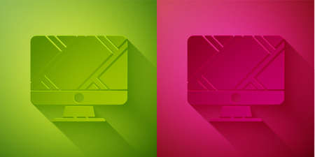 Paper cut Computer monitor and folded map with location marker icon isolated on green and pink background. Paper art style. Vector Illustrationのイラスト素材