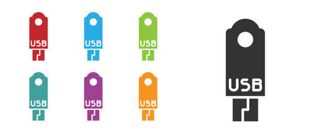 Black USB flash drive icon isolated on white background. Set icons colorful. Vector Illustrationのイラスト素材
