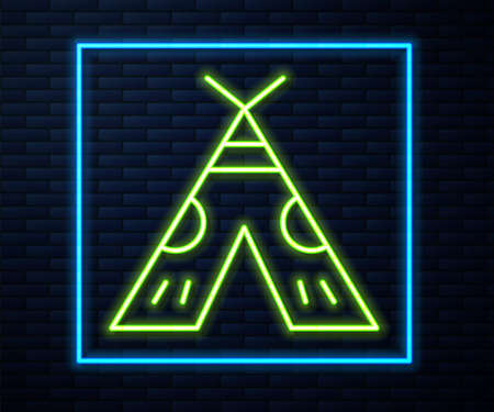 Glowing neon line Traditional indian teepee or wigwam icon isolated on brick wall background. Indian tent. Vector Illustrationのイラスト素材
