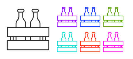 Black line Pack of beer bottles icon isolated on white background. Wooden box and beer bottles. Case crate beer box sign. Set icons colorful. Vector Illustrationのイラスト素材