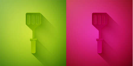 Paper cut Spatula icon isolated on green and pink background. Kitchen spatula icon. BBQ spatula sign. Barbecue and grill tool. Paper art style. Vector Illustrationのイラスト素材