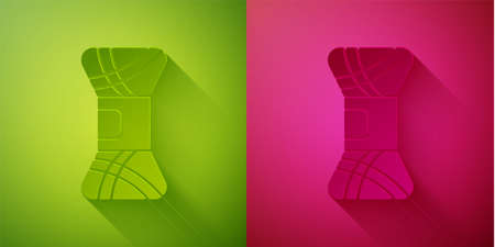 Paper cut Yarn icon isolated on green and pink background. Label for hand made, knitting or tailor shop. Paper art style. Vector Illustrationのイラスト素材