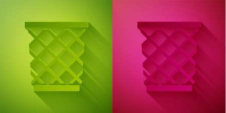 Paper cut Trash can icon isolated on green and pink background. Garbage bin sign. Recycle basket icon. Office trash icon. Paper art style. Vector Illustrationのイラスト素材