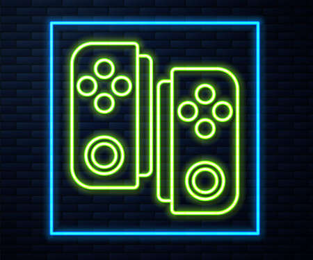 Glowing neon line Gamepad icon isolated on brick wall background. Game controller. Vector Illustrationのイラスト素材