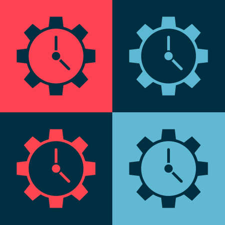 Pop art Time Management icon isolated on color background. Clock and gear sign. Productivity symbol. Vector Illustrationのイラスト素材