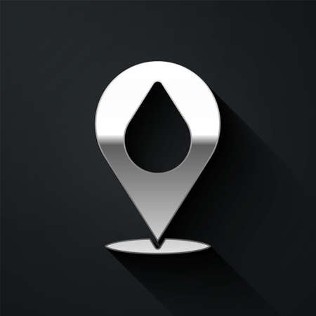 Silver Water drop with location icon isolated on black background. Long shadow style. Vector Illustrationのイラスト素材