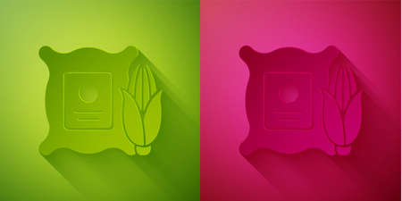 Paper cut Corn in the sack icon isolated on green and pink background. Corn in a canvas bag. Farmers market. Paper art style. Vector Illustrationのイラスト素材