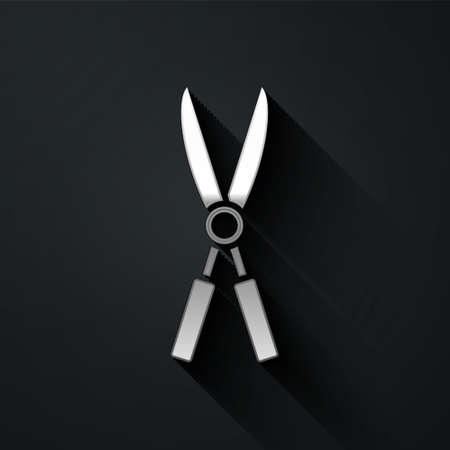 Silver Gardening handmade scissors for trimming icon isolated on black background. Pruning shears with wooden handles. Long shadow style. Vector Illustrationのイラスト素材