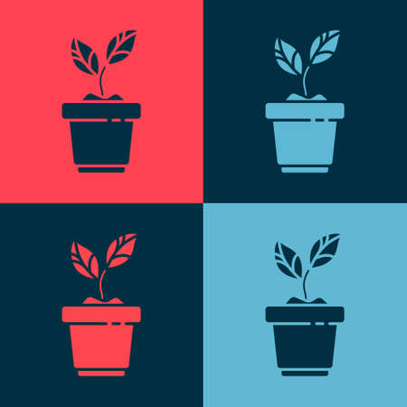 Pop art Plant in pot icon isolated on color background. Plant growing in a pot. Potted plant sign. Vector Illustrationのイラスト素材