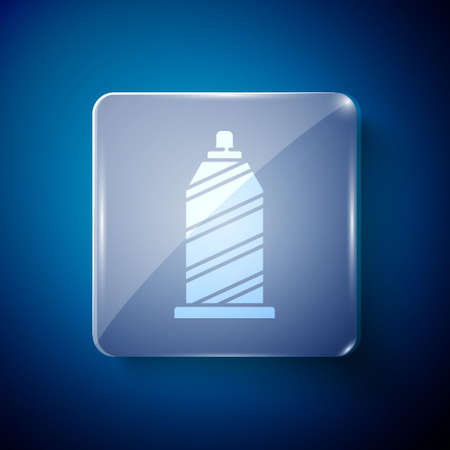 White Sewing thread on spool icon isolated on blue background. Yarn spool. Thread bobbin. Square glass panels. Vector Illustrationのイラスト素材