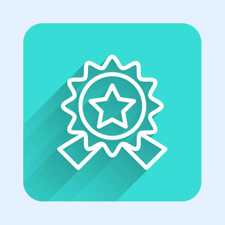 White line Medal with star icon isolated with long shadow. Winner achievement sign. Award medal. Green square button. Vector Illustrationのイラスト素材