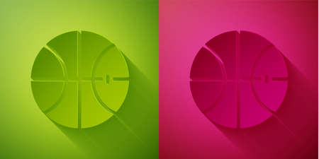 Paper cut Basketball ball icon isolated on green and pink background. Sport symbol. Paper art style. Vectorのイラスト素材