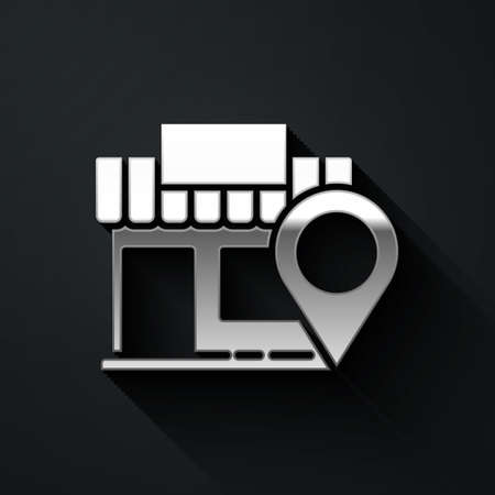 Silver Location with store icon isolated on black background. Long shadow style. Vectorのイラスト素材