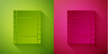 Paper cut Play Video icon isolated on green and pink background. Film strip sign. Paper art style. Vector Illustrationのイラスト素材