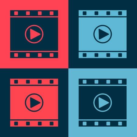 Pop art Play Video icon isolated on color background. Film strip sign. Vector Illustrationのイラスト素材