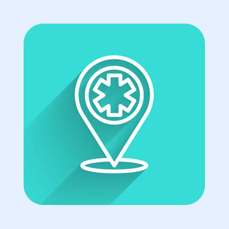 White line Medical map pointer with cross hospital icon isolated with long shadow. Green square button. Vector Illustrationのイラスト素材