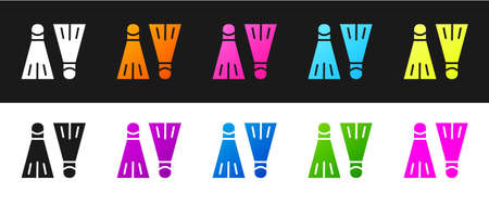 Set Rubber flippers for swimming icon isolated on black and white background. Diving equipment. Extreme sport. Sport equipment. Vectorのイラスト素材