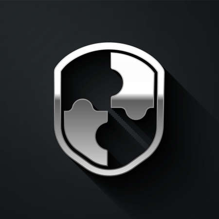 Silver Shield icon isolated on black background. Guard sign. Security, safety, protection, privacy concept. Long shadow style. Vectorのイラスト素材