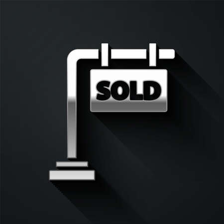 Silver Hanging sign with text Sold icon isolated on black background. Sold sticker. Sold signboard. Long shadow style. Vector Illustrationのイラスト素材