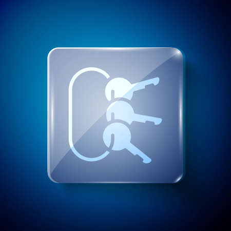 White Bunch of keys icon isolated on blue background. Square glass panels. Vector Illustrationのイラスト素材