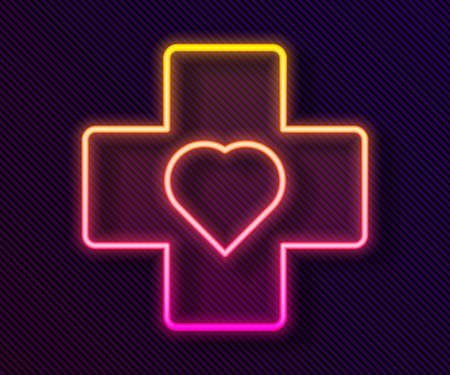 Glowing neon line Heart with a cross icon isolated on black background. First aid. Healthcare, medical and pharmacy sign. Vectorのイラスト素材