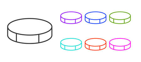 Black line Hockey puck icon isolated on white background. Sport equipment. Set icons colorful. Vectorのイラスト素材