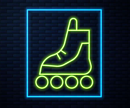 Glowing neon line Roller skate icon isolated on brick wall background. Vectorのイラスト素材