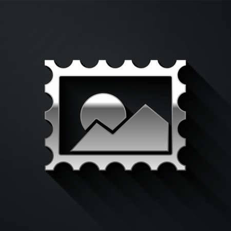 Silver Postal stamp icon isolated on black background. Long shadow style. Vector Illustrationのイラスト素材