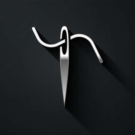 Silver Needle for sewing with thread icon isolated on black background. Tailor symbol. Textile sew up craft sign. Embroidery tool. Long shadow style. Vector Illustrationのイラスト素材