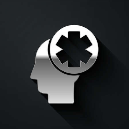 Silver Male head with hospital icon isolated on black background. Head with mental health, healthcare and medical sign. Long shadow style. Vector Illustrationのイラスト素材