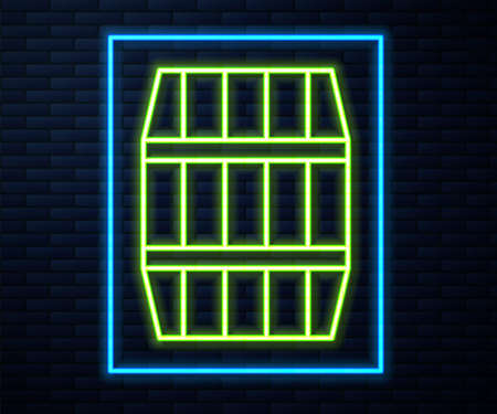 Glowing neon line Wooden barrel icon isolated on brick wall background. Alcohol barrel, drink container, wooden keg for beer, whiskey, wine. Vectorのイラスト素材