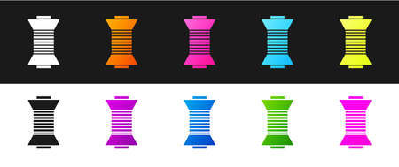 Set Sewing thread on spool icon isolated on black and white background. Yarn spool. Thread bobbin. Vector Illustrationのイラスト素材