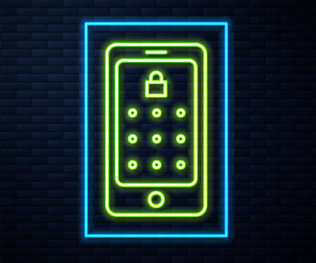 Glowing neon line Mobile phone and graphic password protection icon isolated on brick wall background. Security, personal access, user authorization. Vector Illustrationのイラスト素材