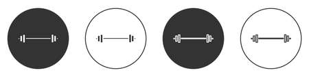 Black Barbell icon isolated on white background. Muscle lifting icon, fitness barbell, gym, sports equipment, exercise bumbbell. Circle button. Vectorのイラスト素材