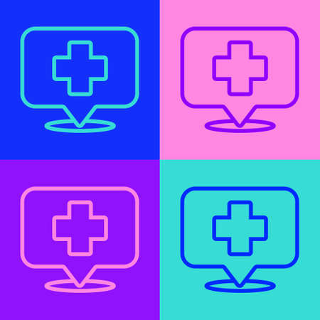 Pop art line Medical map pointer with cross hospital icon isolated on color background. Vectorのイラスト素材
