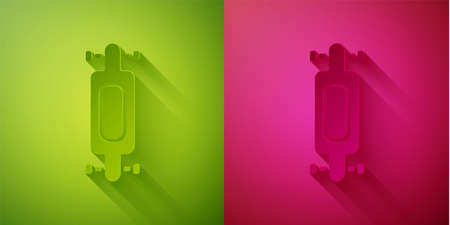 Paper cut Longboard or skateboard cruiser icon isolated on green and pink background. Extreme sport. Sport equipment. Paper art style. Vector Illustrationのイラスト素材