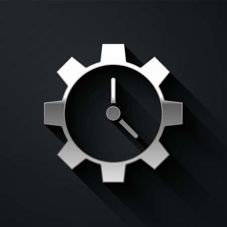 Silver Time Management icon isolated on black background. Clock and gear sign. Productivity symbol. Long shadow style. Vector Illustrationのイラスト素材