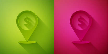Paper cut Cash location pin icon isolated on green and pink background. Pointer and dollar symbol. Money location. Business and investment concept. Paper art style. Vector Illustrationのイラスト素材
