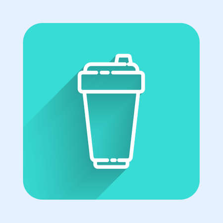 White line Fitness shaker icon isolated with long shadow. Sports shaker bottle with lid for water and protein cocktails. Green square button. Vector Illustrationのイラスト素材