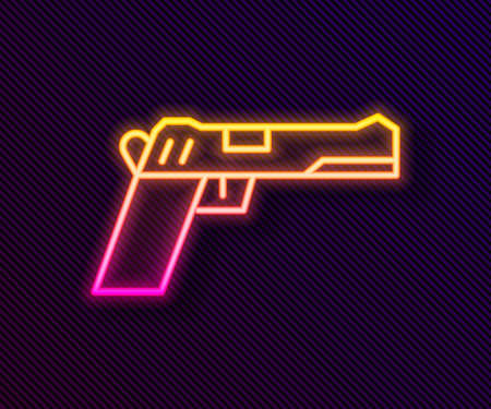 Glowing neon line Pistol or gun icon isolated on black background. Police or military handgun. Small firearm. Vector Illustrationのイラスト素材